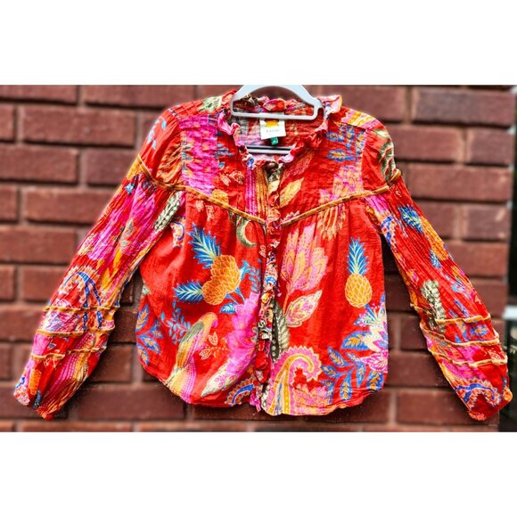 FARM Rio Mystic Bush Buttoned Blouse Red Boho Sz S - Picture 2 of 12